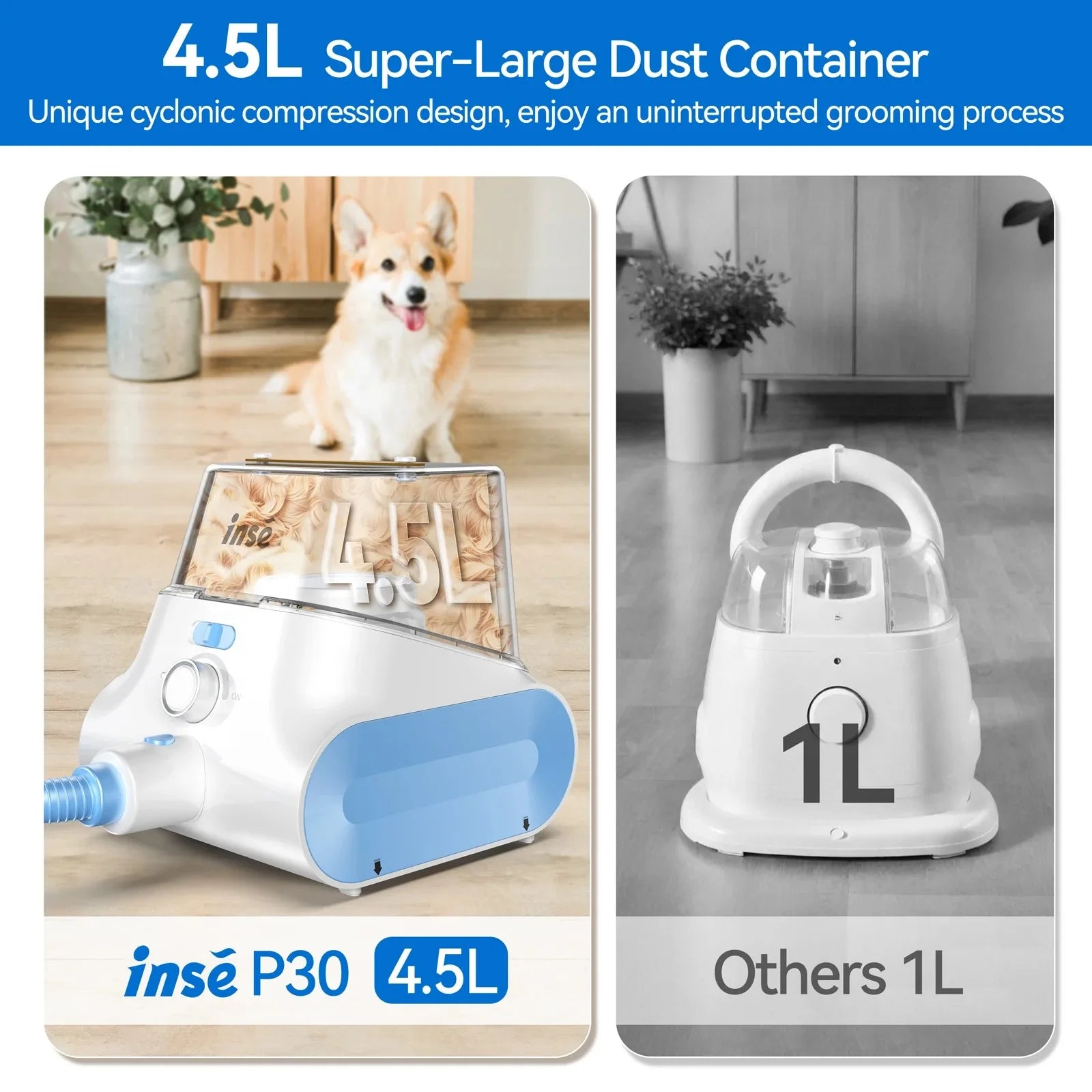 INSE P30 Dog Grooming Vacuum Ultra-Low Noise Pet Grooming Kits with 4.5L Large Capacity Dust Box Pet Clipper for Pet Hair Clean